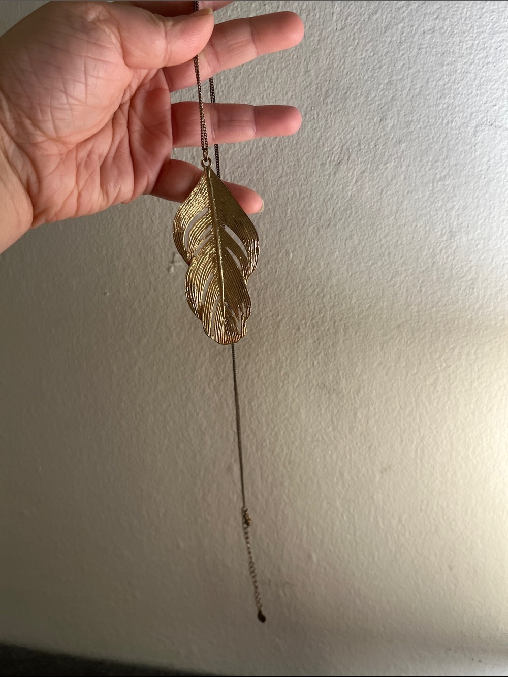 Gold Double Feather Pendant Long Necklace